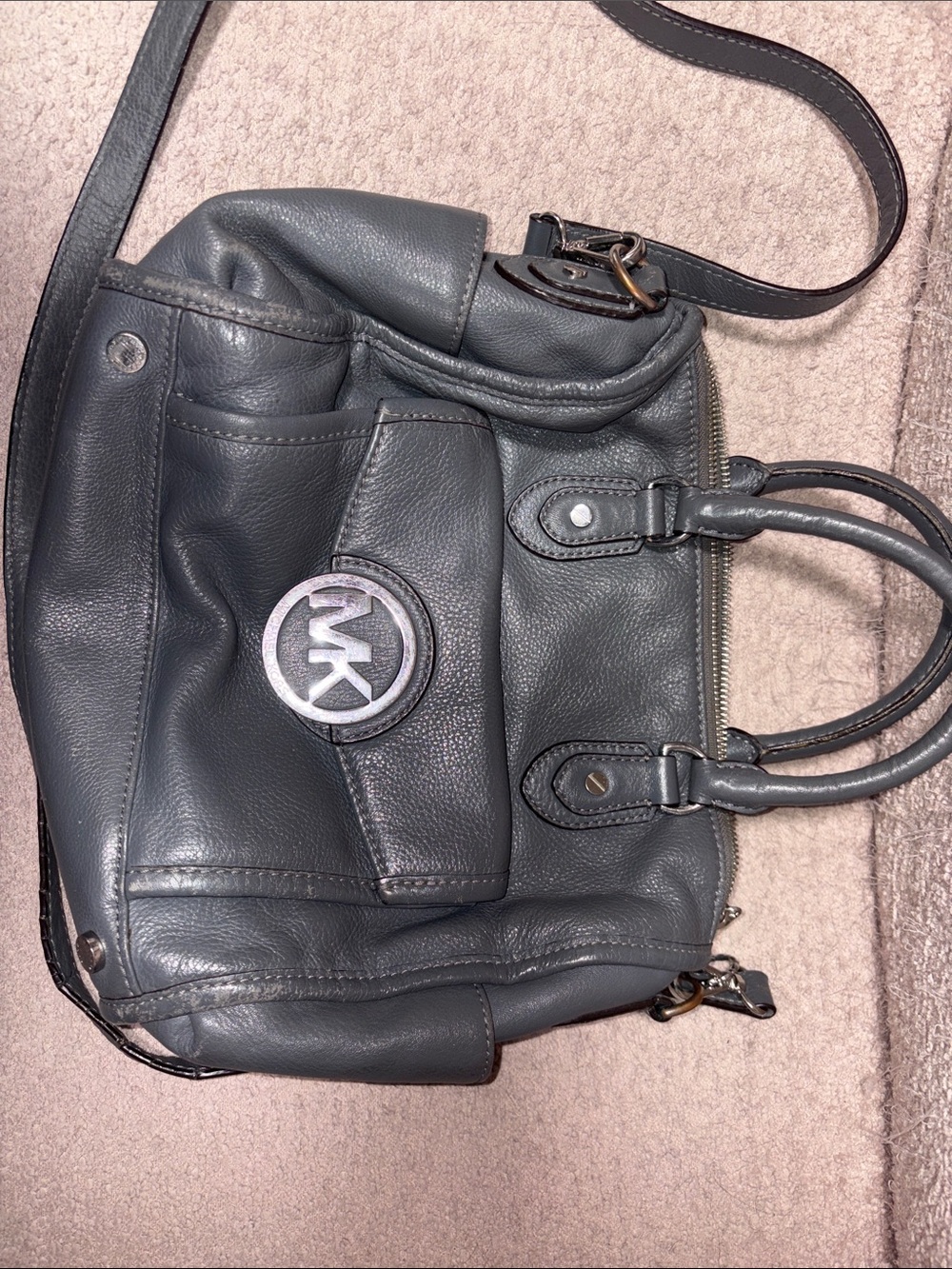 Michael Kors Slate Gray Leather Shoulder Bag with MK Emblem
